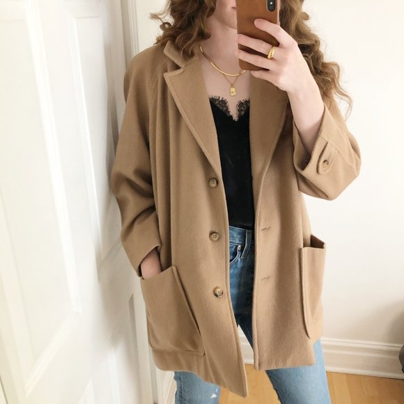 Vintage Jackets & Blazers - Stunning Vintage Oversized Camel Hair & Wool Blend Long Tan Blazer Coat Jacket